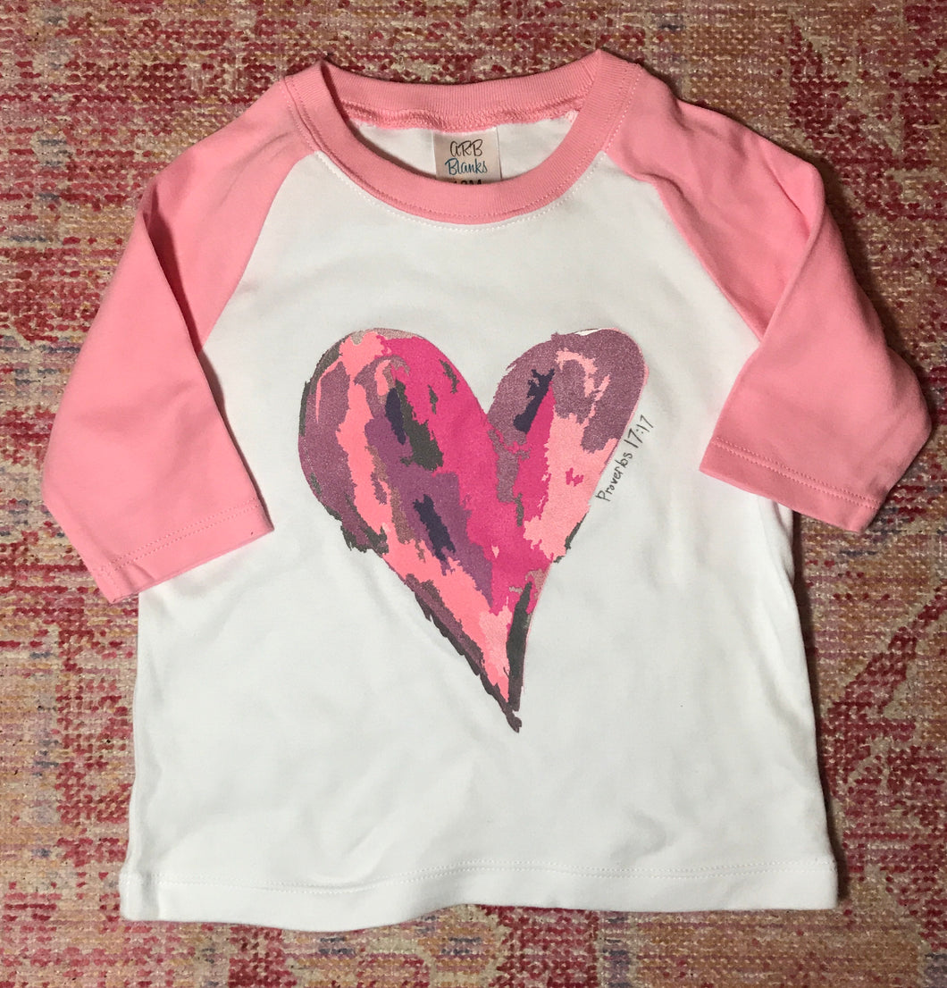Watercolor Heart on Light Pink Raglan