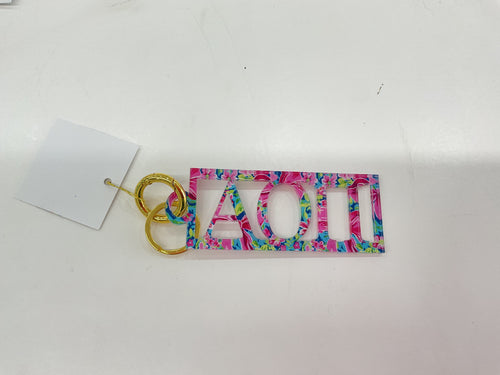Alpha Omicron Pi - Sorority Acrylic Keychain - Patterned Greek Bar Design: Preppy Floral Bows / Alpha Omicron Pi