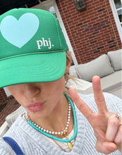 La Fête Goods - Happy Heart Trucker Hat: Kelly green + light blue