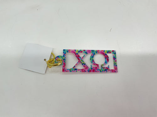 Chi Omega - Sorority Acrylic Keychain - Patterned Greek Bar Design: Preppy Floral Bows / Chi Omega