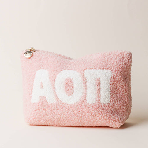 Alpha Omicron Pi - SORORITY SALE - Greek Letter Teddy Pouch - Blush: Alpha Omicron Pi