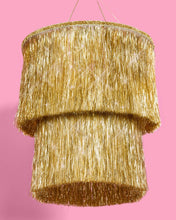 xo, Fetti - Gold Fringe Tinsel Chandelier | gold decor, party chandelier