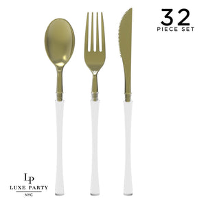 Neo Classic Clear and Gold Plastic Cutlery Set | 32 Pieces