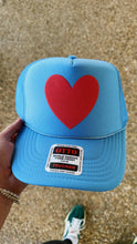 La Fête Goods - Happy Heart Trucker Hat: Kelly green + light blue