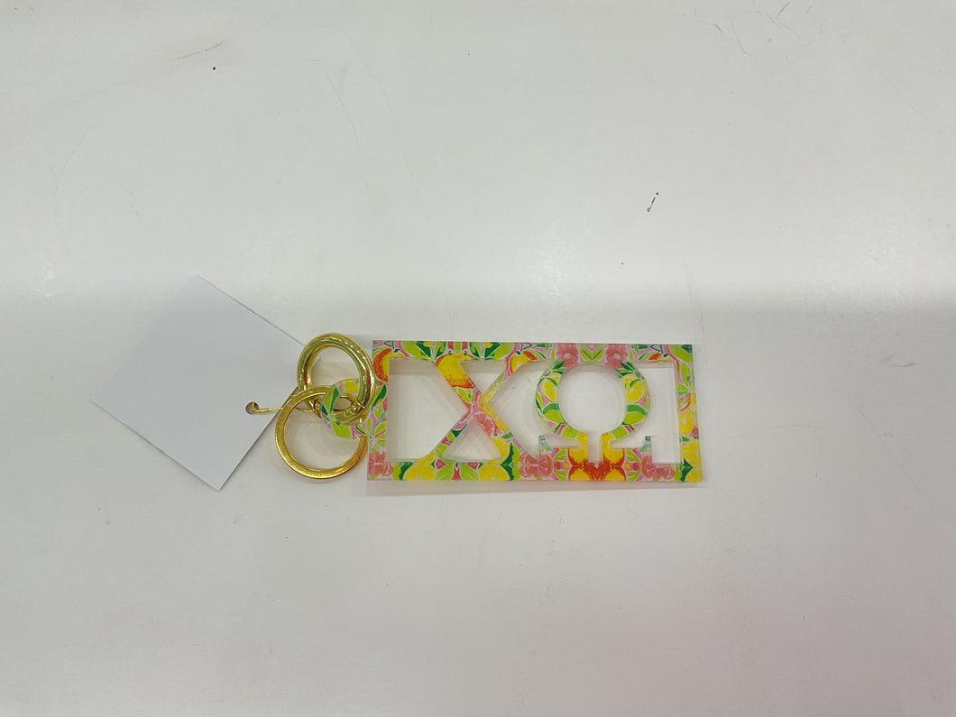 Chi Omega - Sorority Acrylic Keychain - Patterned Greek Bar Design: Preppy Pink Lemonade / Chi Omega