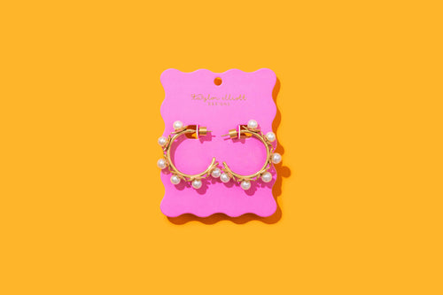 Hoop Earrings - Medium - Gold-Plated Flowers w/Pearls - Kali