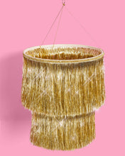 xo, Fetti - Gold Fringe Tinsel Chandelier | gold decor, party chandelier