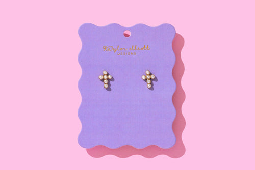 Taylor Elliott Designs - Stud Earrings - Gold-Plated + Pearl Crosses - Faith