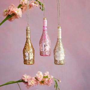 Glitterville - Glitterville Champagne Bottle Orn, 3 Asst, Glass, 6.25"