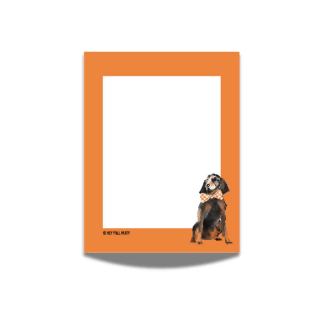 Hound Dog Wearing an Orange and White Necktie Notepad