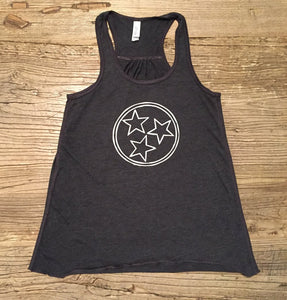 Women's Tri Star on Charcoal Racerback Tank — bright and durable children's clothes, with love from Tennessee!