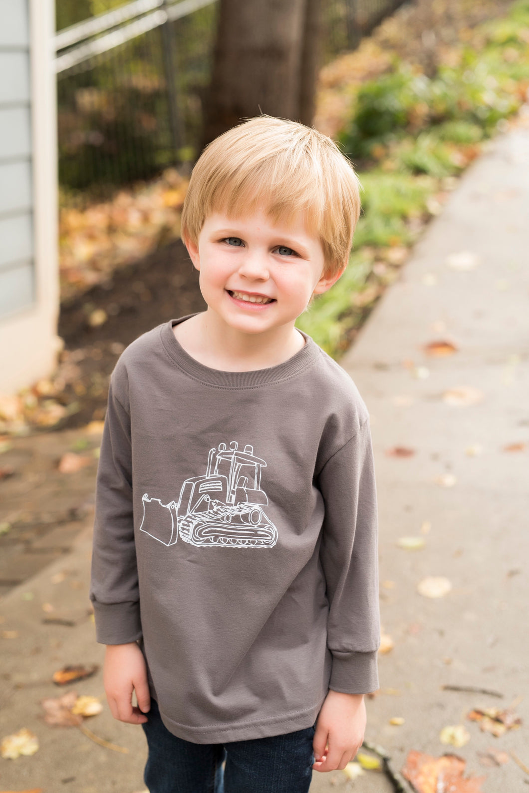 Bulldozer: Charcoal & White on Long Sleeve — bright and durable children's clothes, with love from Tennessee!
