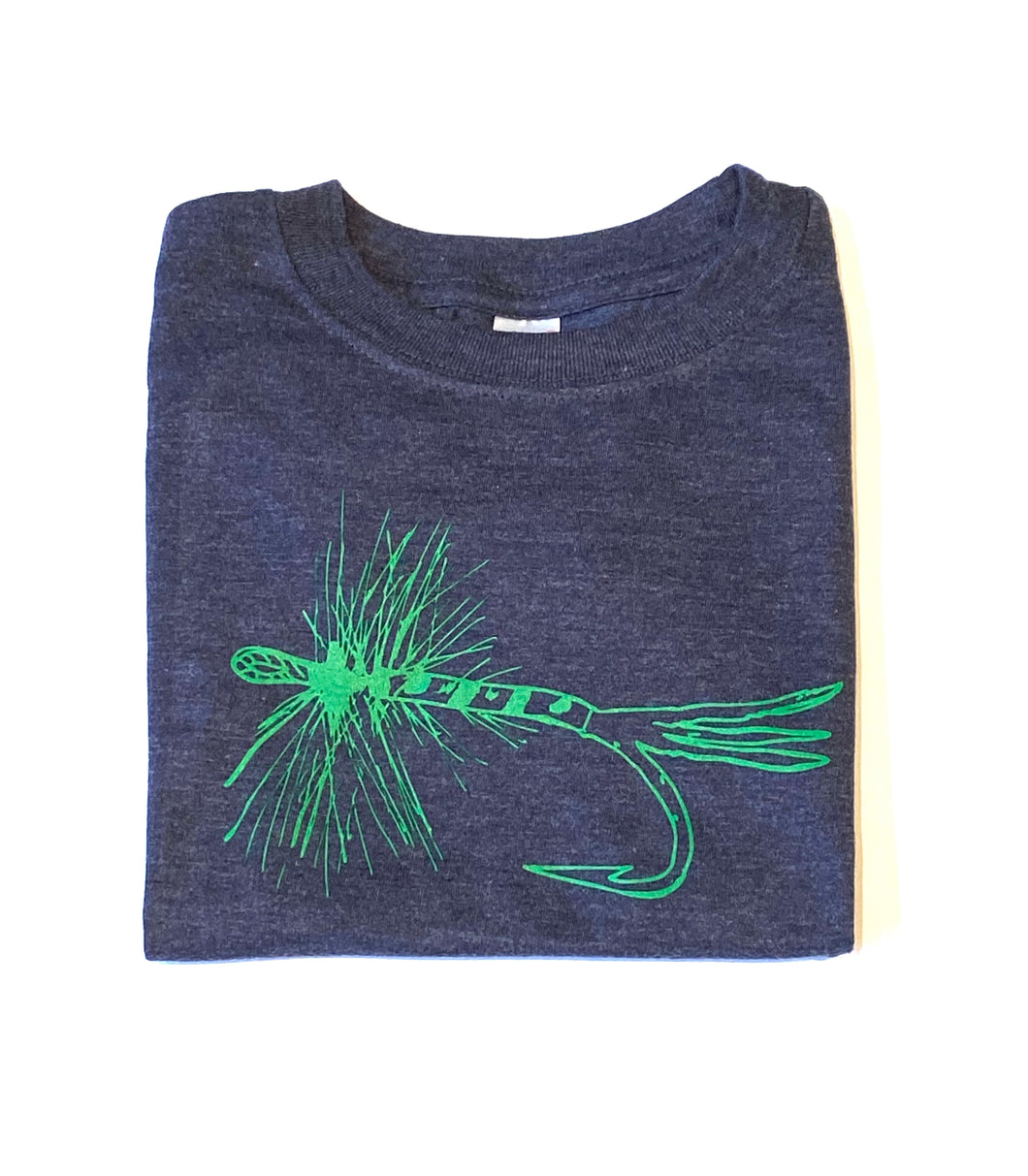 Fly Fishing Lure on Heather Navy Short Sleeve