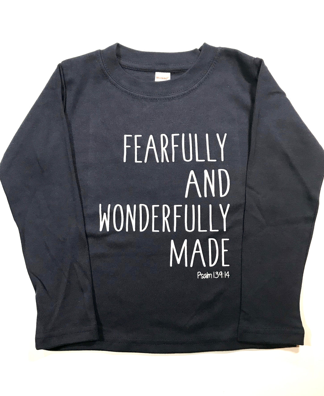 Fearfully & Wonderfully Made on Navy — bright and durable children's clothes, with love from Tennessee!