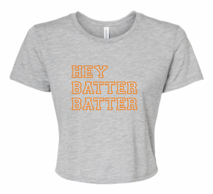 Hey Batter Batter Light Grey Heather flowy crop top adult