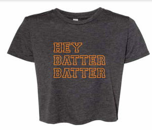 Hey Batter Batter Dark Grey Heather flowy crop top adult