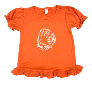 Baseball Glove on Orange Ruffle Short Sleeve