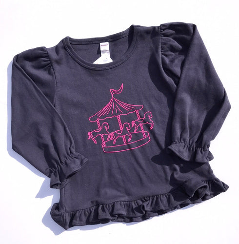 Carousel on Navy Long Sleeve Ruffle — bright and durable children's clothes, with love from Tennessee!