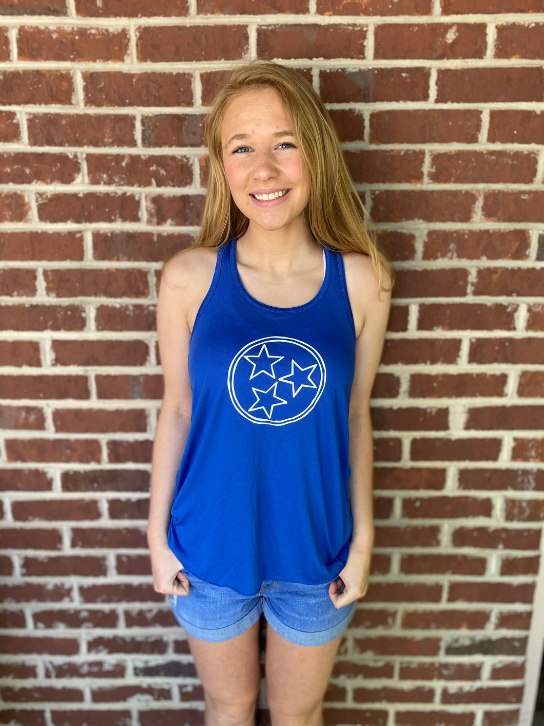 Tri Star Flowy Racerback in Blue Tank - Adult