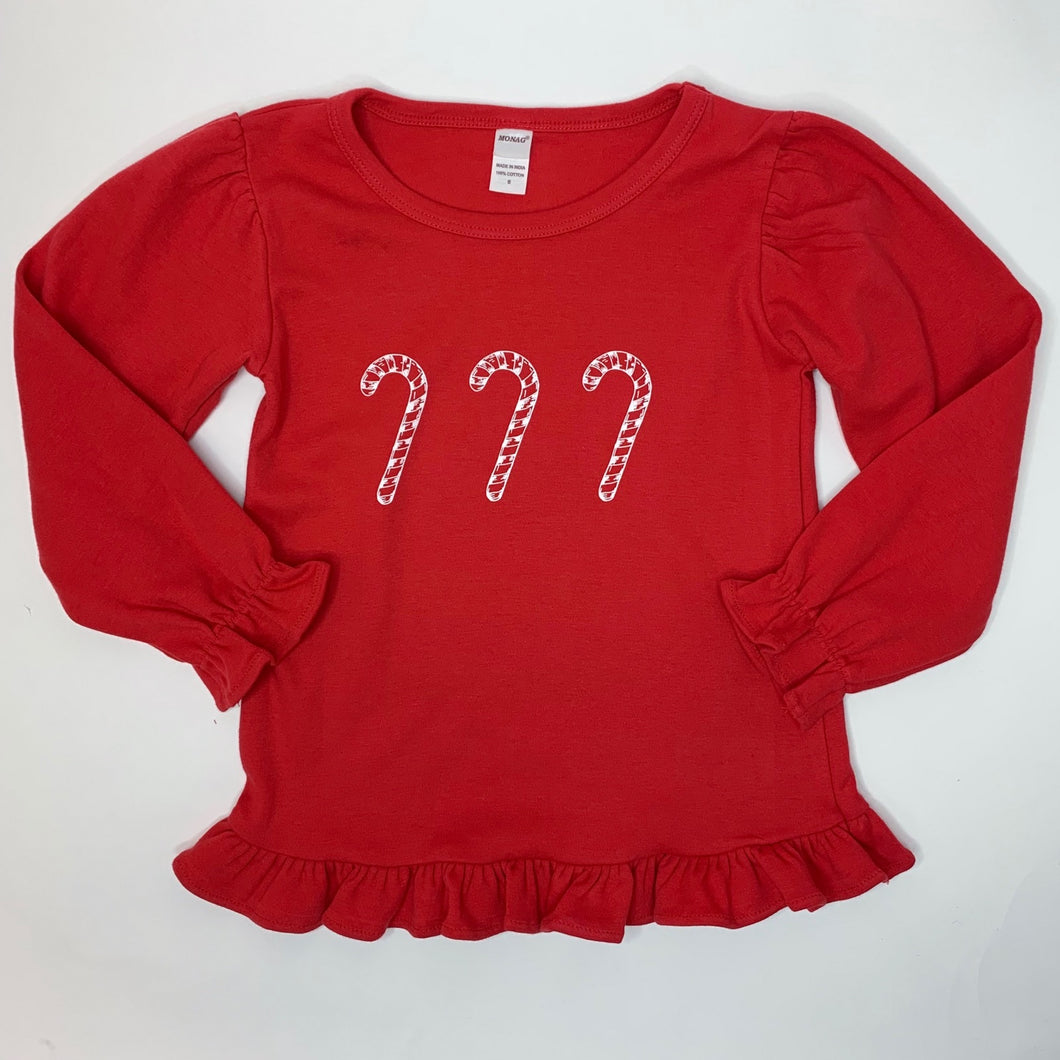 Candy Canes on Red Long Sleeve Ruffle